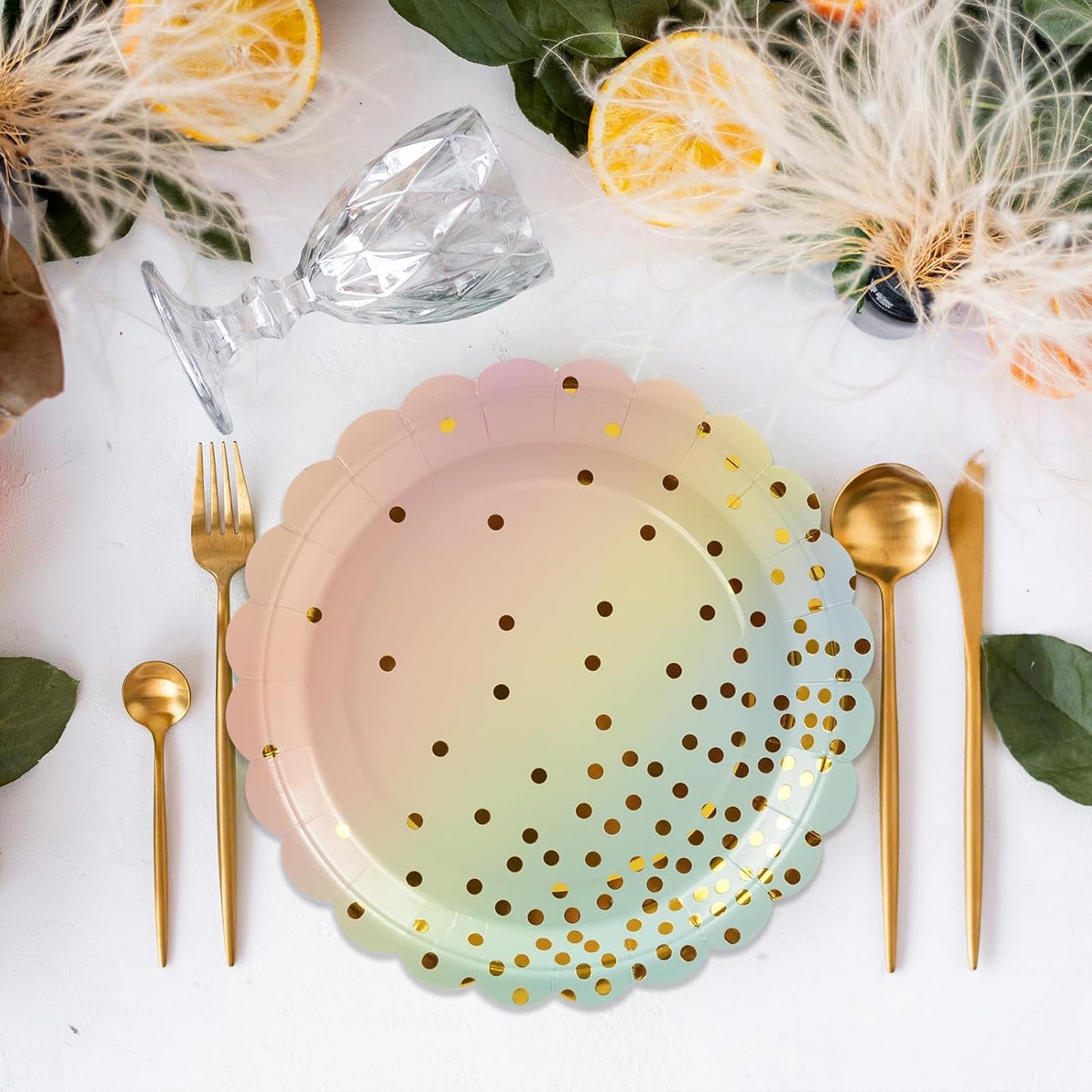 50PCS Pastel Rainbow Paper Plates, 7 Inch Scalloped Colorful and Gold Dot Party Plates Disposable Dessert Plate Cake Plate Pastel Party Supplies Decorations for Birthday Aniversary