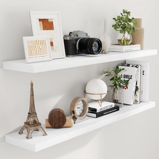 Fun Memories Floating Shelves 55 Inch Set of 2, White 55 x 9 Wall Shelves for Home Decor Storage, Rustic Wood Floating Shelf for Wall, 9 Inch Deep Shelving for Bathroom, Living Room, Kitchen