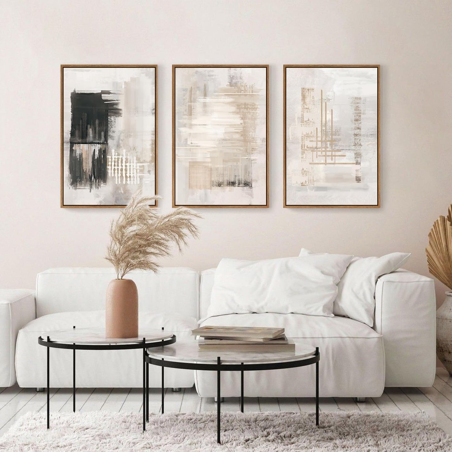 HPINUB Modern Abstract Canvas Wall Art, Set of 3 Framed Art Prints, Black and White Large Wall Painting, 16x24inch Neutral Minimalist Wall Decor for Living Room, Bedroom, Dining Room, Office, Bathroom