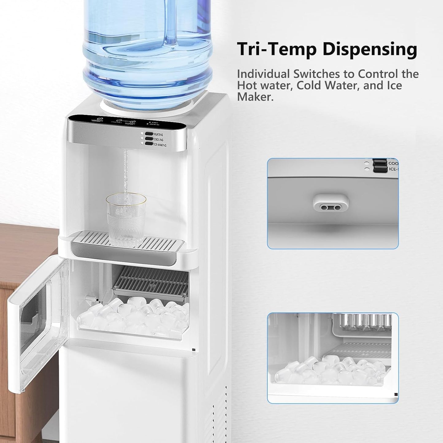 Water Dispenser with Ice Maker Function, Top Loading Hot and Cold Water Cooler for 5 Gallon Bottle - Includes Child Safety Lock - Water Machine for Home, Office, Garage - White