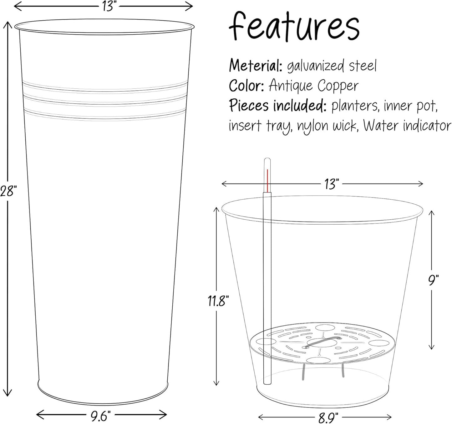 KOL 28'' Tall Galvanized Steel Planter Pot - Flower Pot with Water Level Indicator for Plants - 2 Pack Self Watering Planters - Round Bronze Powder Metal Planter Box - Indoor Outdoor Grande Plant