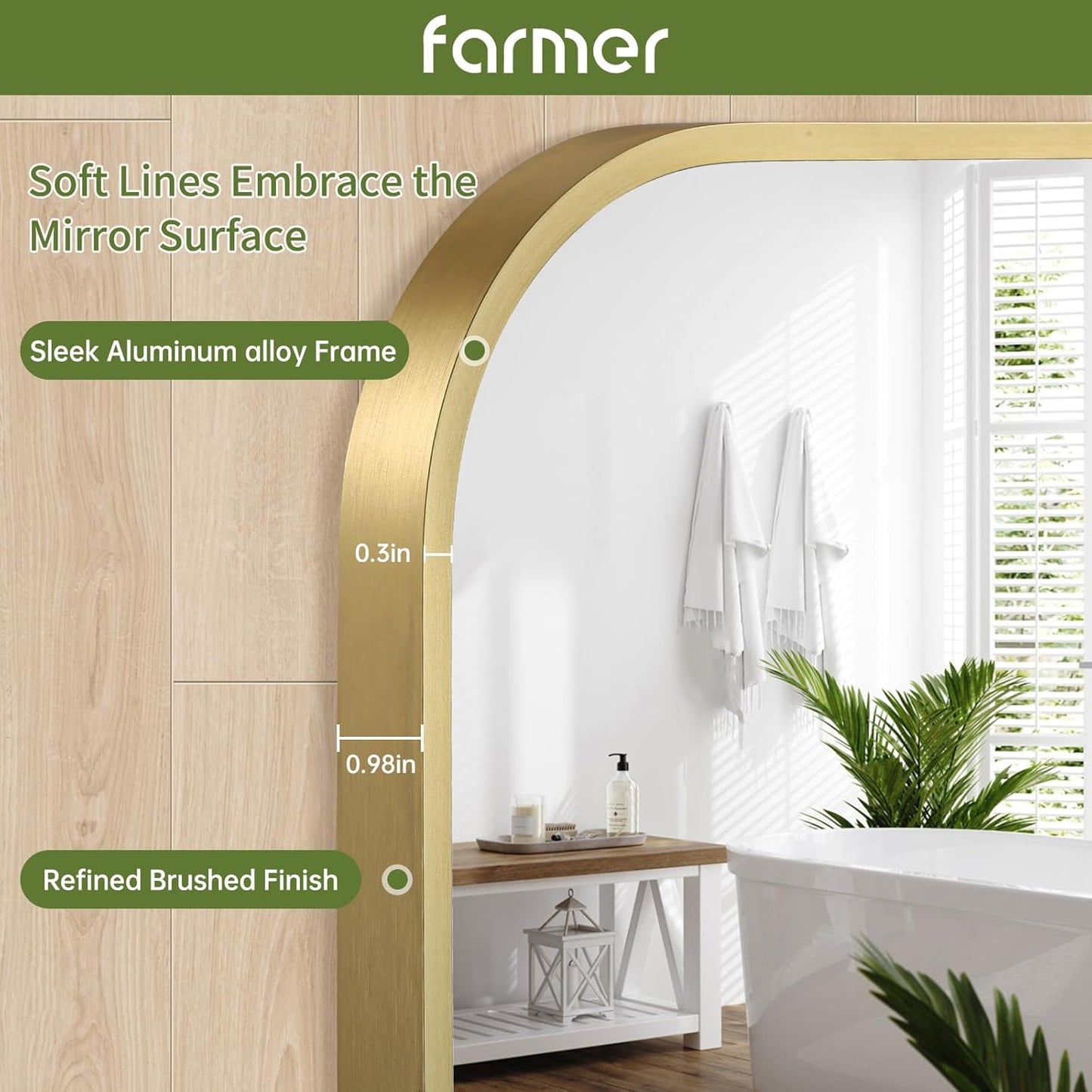 FARMER 16x24 Inch Gold Bathroom Mirror, Rectangle Vanity Mirror, Brushed Mirrors for Wall, Metal Frame Hanging Mirror with Round Corner for Bedrooms, Entryways, Living Rooms, Horizontal/Vertical