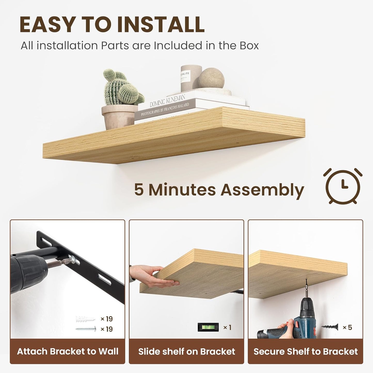 24 Inch Floating Shelves, 11.6 Inch Deep Floating Shelves for Wall, Floating Shelf with Invisible Brackets, Deep Shelves for Bathroom, Bedroom, Living Room, 2 Pack, Natural