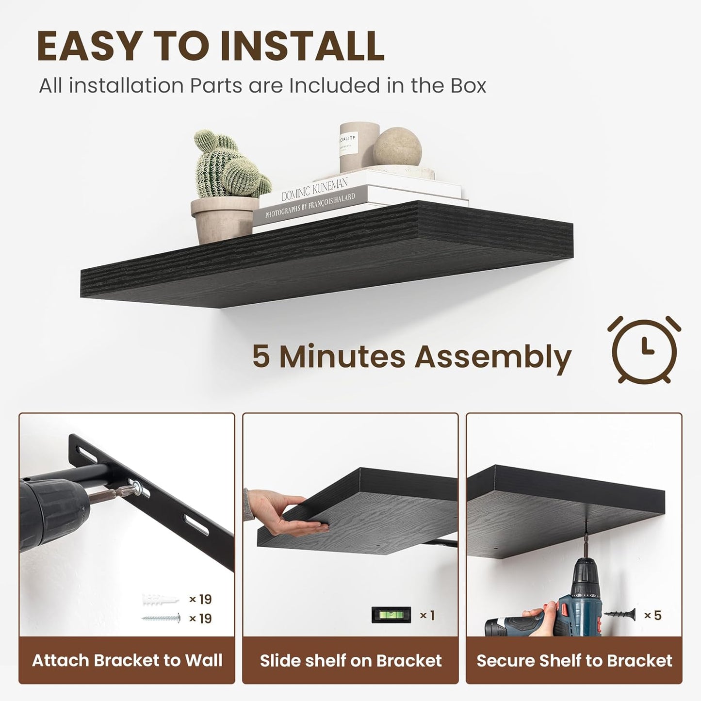 48 Inch Floating Shelves, 11.6 Inch Deep Floating Shelves for Wall, Floating Shelf with Invisible Brackets, Deep Shelves for Bathroom, Bedroom, Living Room, 1 Pack, Black