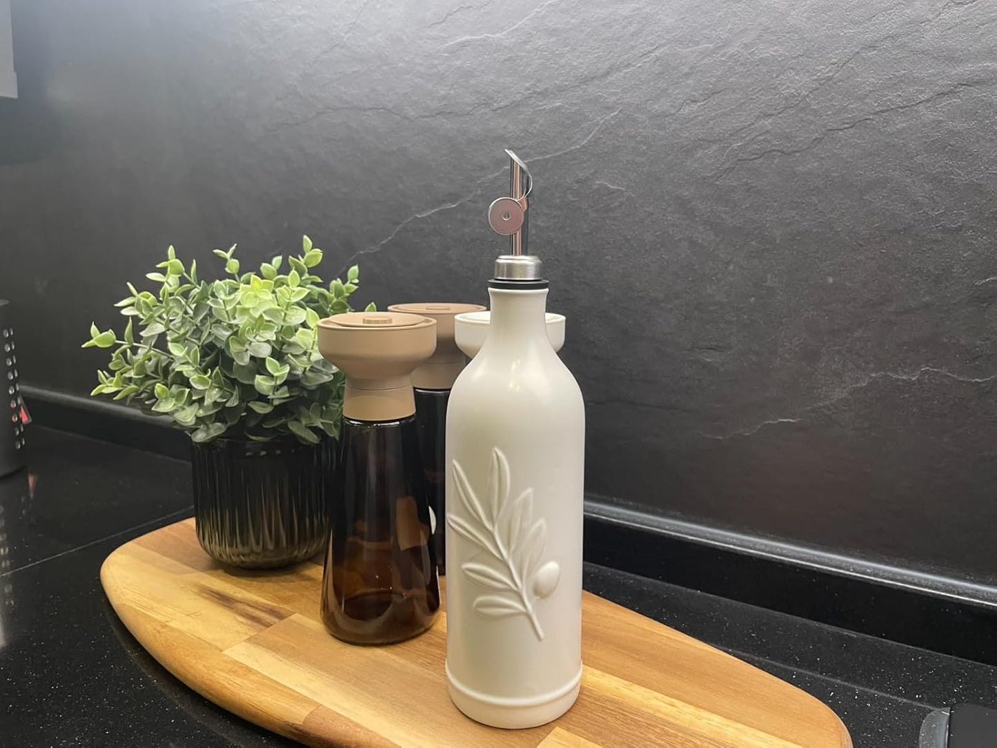 20 Oz Ceramic Olive Oil Dispenser Bottle, with Stainless Steel Spout & Funnel, Ideal for Oil, Vinegar, Coffee Syrup & Liquids (White)