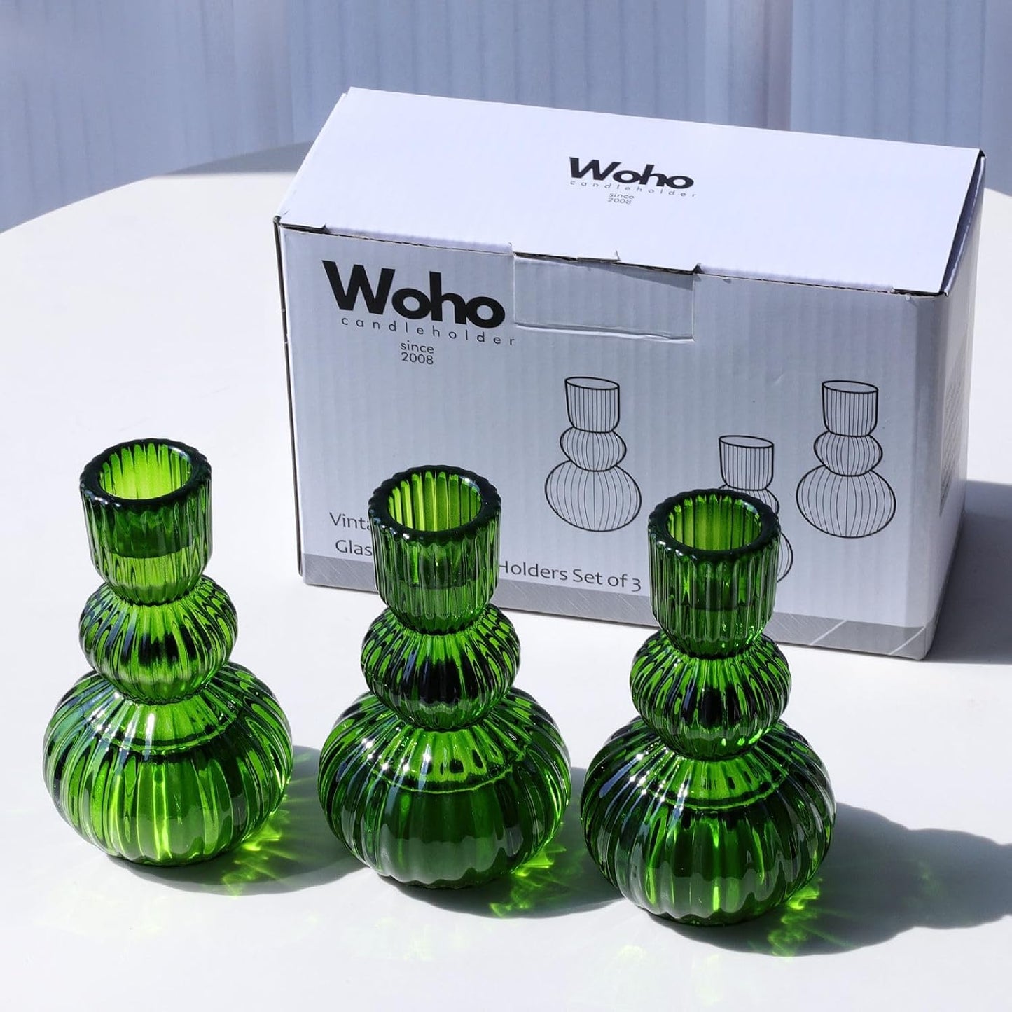 Woho Green Taper Candle Holders Set of 3 for Christmas Decorations, 4.3" H Ribbed Glass Candlestick Holders for Spring Wedding Table, Vintage Candle Sticks Holder Decor Home Decor