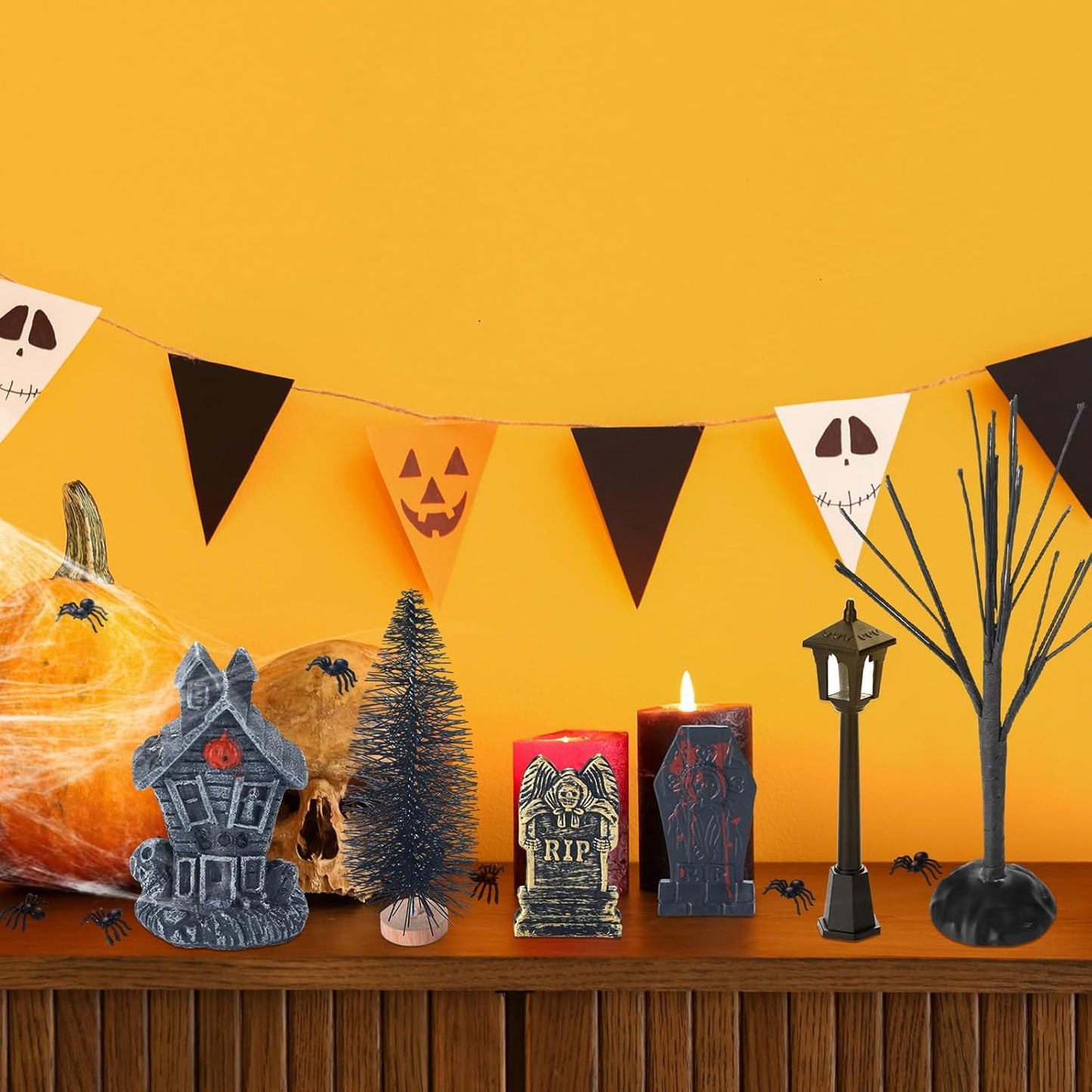 56 Pcs Halloween Village Accessories Set Halloween Haunted House Village Set Miniature Tombstones Tree Fake Spiders Fence Streetlamp Figurines for Home Table Party Decor