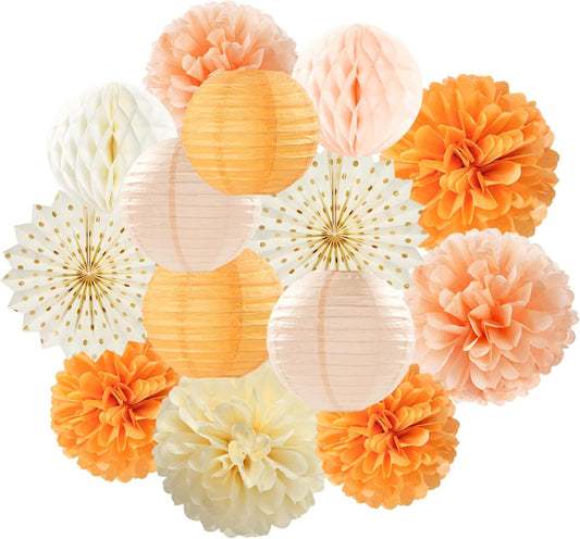 Beige-Orange Peach Fall Party-Decorations Paper-Lanterns- 14pcs Autumn Thanksgiving Harvest Birthday Boho Streamers Fan,Tissue Pom Poms, Baby Bridal Shower Wedding Engagement Decor Lasting Surprise