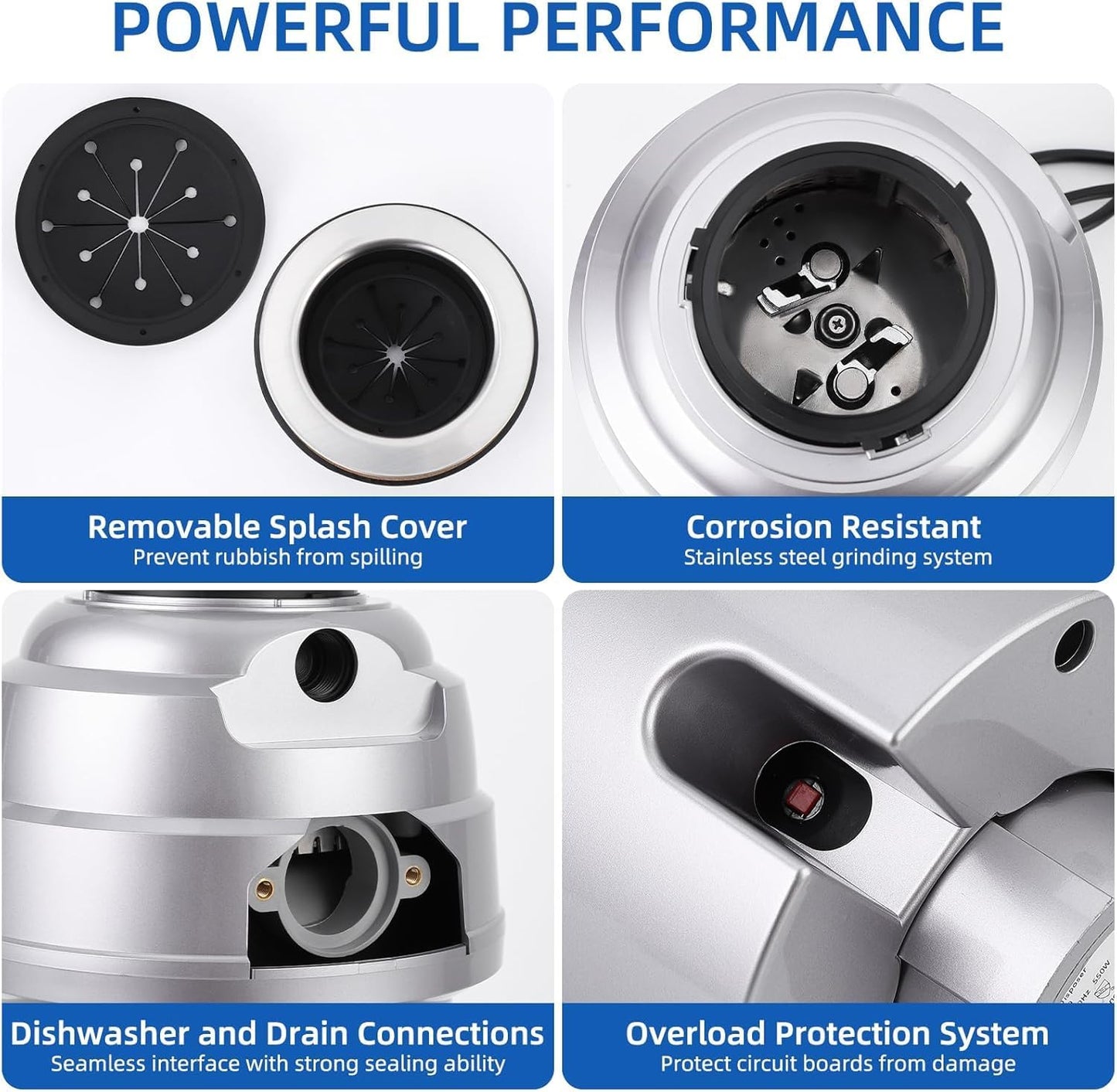 Powerful 1HP Stainless Steel Garbage Disposer, Dishwasher-Friendly and Continuous Feeding Waste Disposer, Grinding Material Four-Stage Grinding, Silver