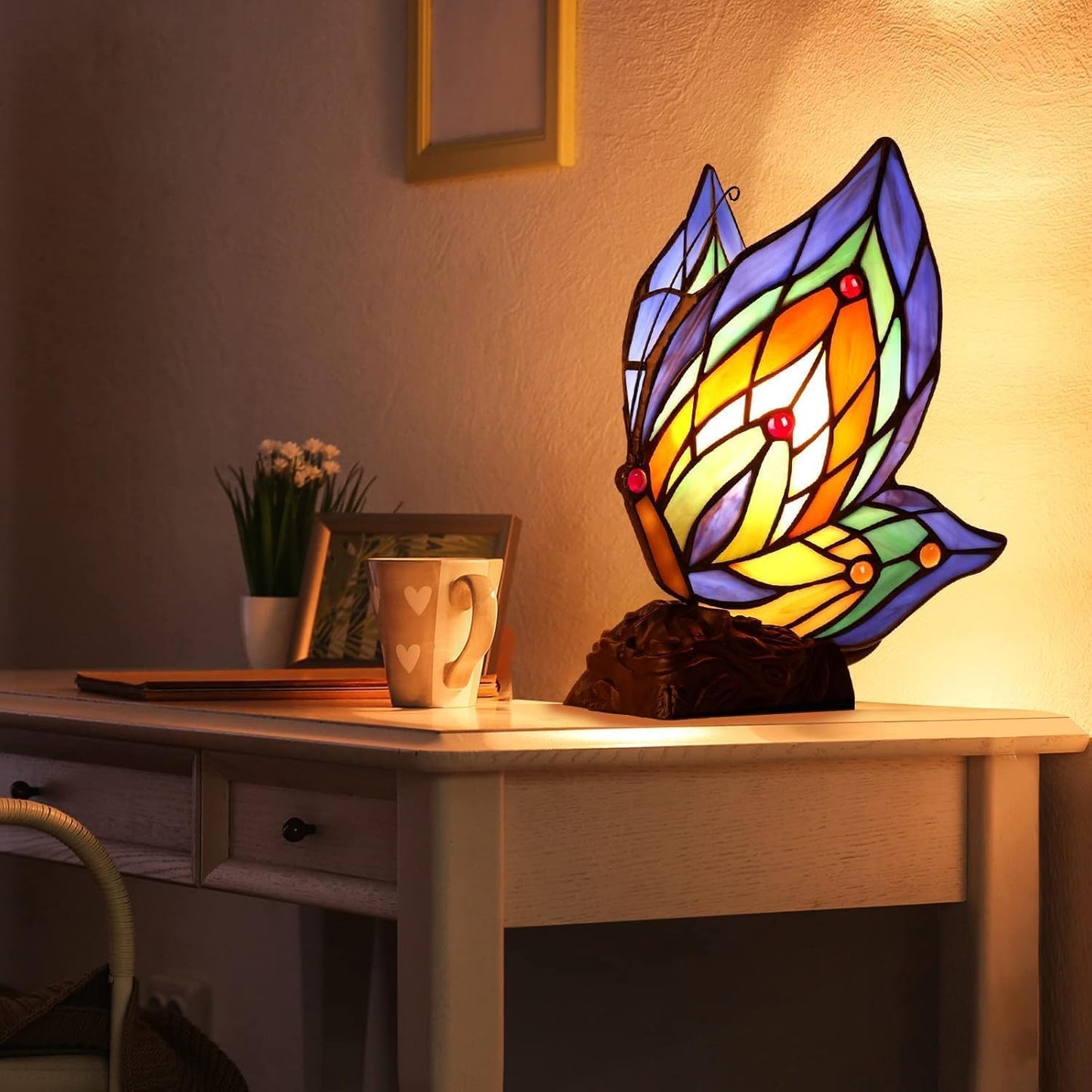 Tiffany Butterfly Table Lamp, 9'' Tall Vintage Stained Glass Lamp, Fairy Reading Night Light for Bedroom Living Room, 1 LED Bulb Included