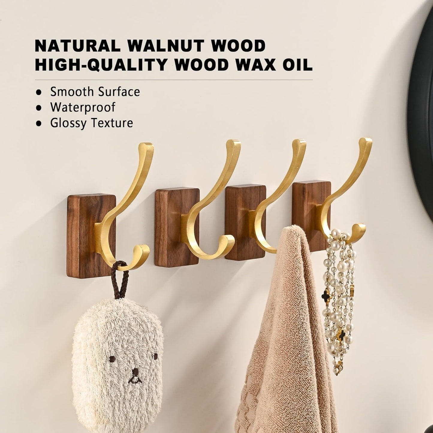 2 Pack Wooden Wall Hooks for Hanging, Adhesive Mounted Wall Mounted Boho Decorative Nature Wood Coat Hook for Towel Clothes Blanket Hat Backpack Robe Nursery Door Board Entryway Key Holder Gold