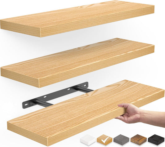 BAYKA Floating Shelves for Wall, Wall Mounted Rustic Wood Shelves for Bathroom, Bedroom, Living Room, Kitchen,Small Hanging Shelf for Books/Storage/Room Decor (Oak-Toned, Set of 3, 15.7in)