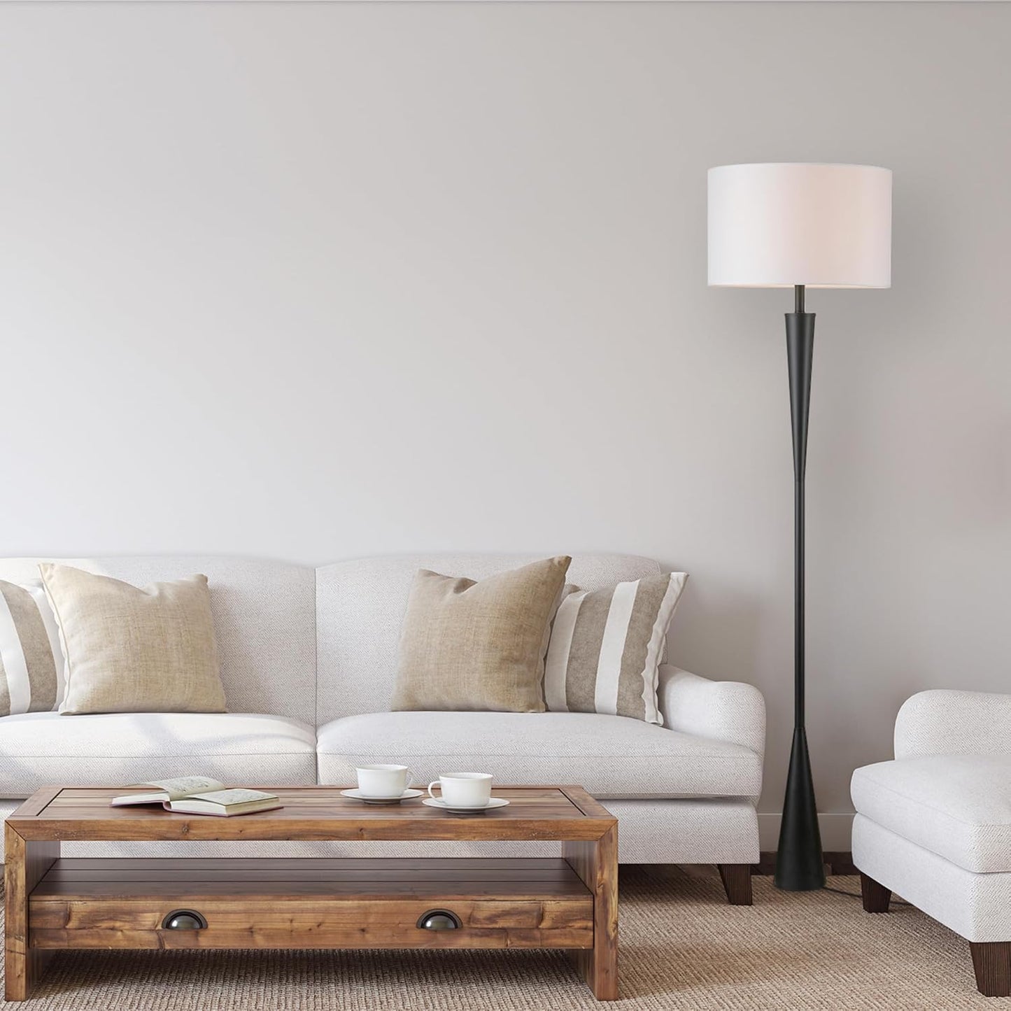 Globe Electric 67224 70" Floor Lamp, Matte Black Finish, White Fabric Shade, Modern Tapered Frame, E26 Base, Contemporary Living Room and Bedroom Lighting