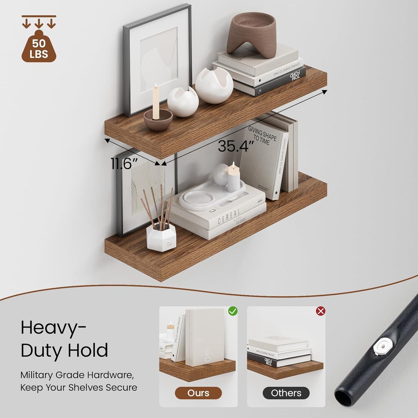 Heimlove 36 Inch Long Walnut Floating Shelf for Wall, 12" Deep Floating Shelves Wall Shelves for Bedroom Living Room Bedroom,Wall Mounted Shelves for Storage Book Decor, Set of 2