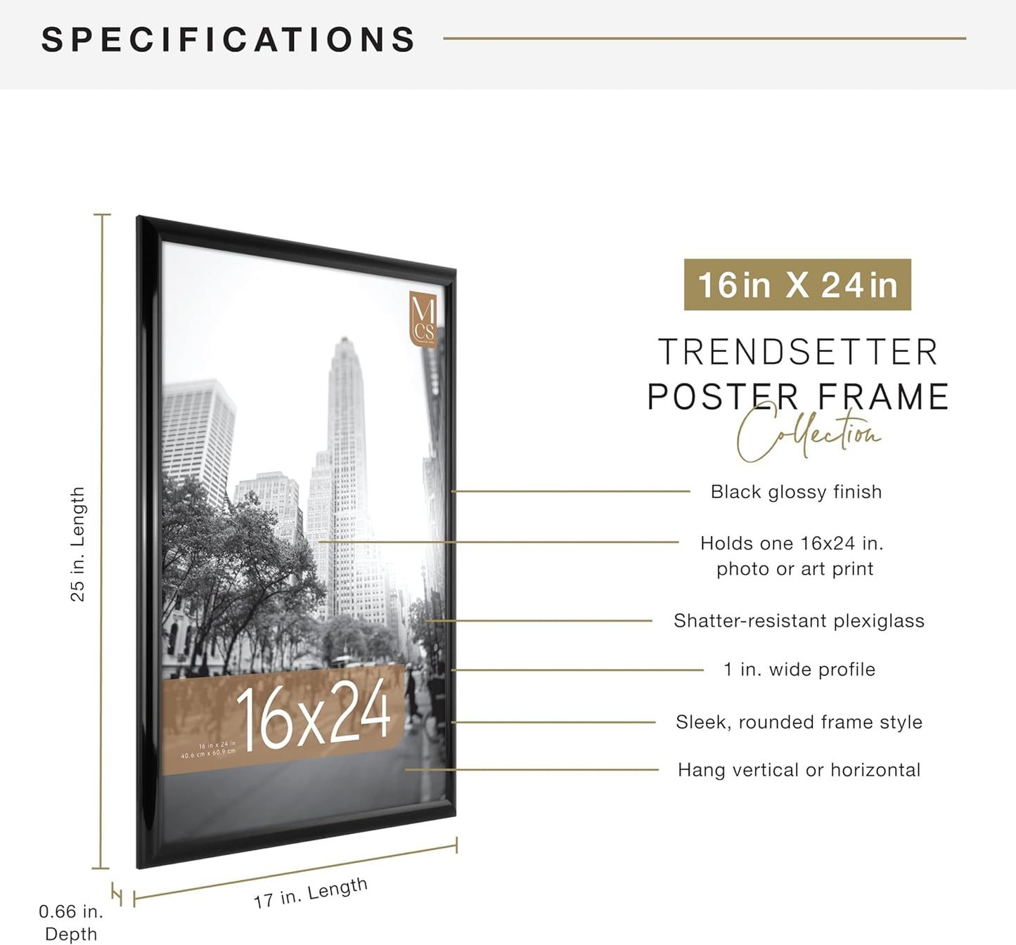 MCS Trendsetter 16x24 Poster Frame Black High-Gloss, Vertical & Horizontal Wall Hanging Large Picture Frame for Photos, Posters & Art Prints (2-Pack)