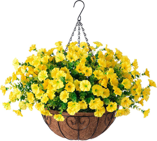 Artificial Fall Flowers Fake Hanging Plants Flowers Basket for Outdoors Autumn Decoration, Yellow Silk Morning Glory with Eucalyptus Look Real UV Resistant Faux Flowers for Outside Porch Patio Balcony