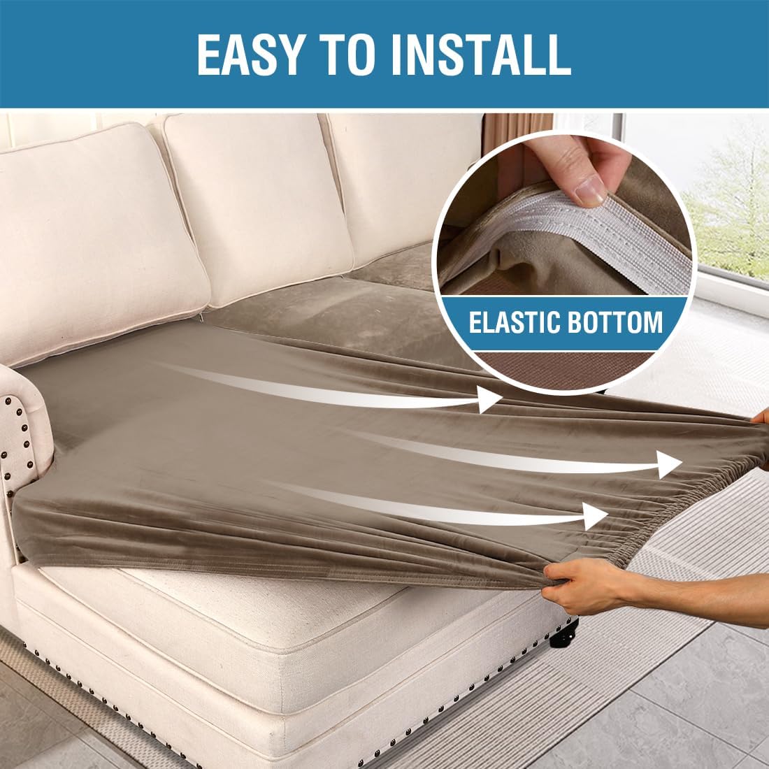 H.VERSAILTEX Velvet Stretch Sectional Couch Covers 4 Pieces Sofa Seat Cushion Covers L Shape Separate Couch Cover for Both Left/Right Sectional Couch (Large Sofa 3 Seater + 1 Chaise, Mocha)