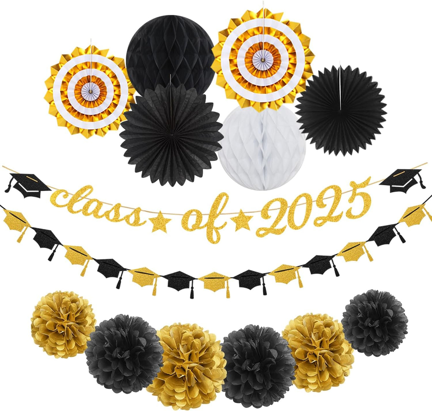 Black Gold Party-Decoration Graduation Banner - 14pcs Kits Cap Garland Streamers, Paper Tissue Pom Poms Flowers Fans Honeycomb,Class Of 2025 College High School Grad Decor Hugfond