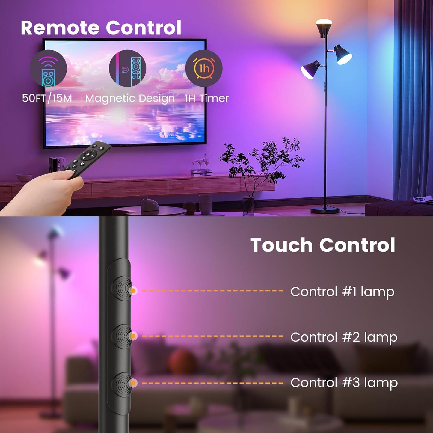 RGB Floor Lamp, 36W LED Dimmable Standing Lamp with 3 Swivel Lights, Color Changing Tall Lamp with Remote, Stepless Dimmable Modern Floor Lamps for Living Room, Bedroom, Gaming Room,Office