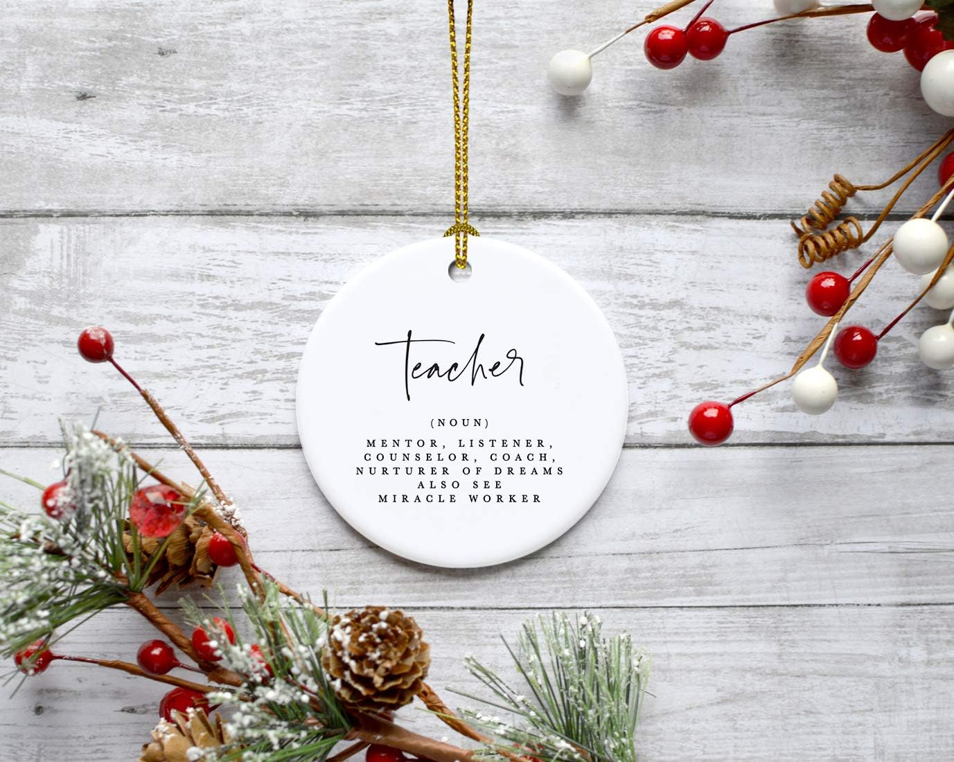 Andaz Press Round Ceramic Porcelain Christmas Tree Ornament for Teacher Thank You Gift, Teacher Definition, (Noun), Mentor, Listener, Counselor, Nurturer of Dreams, Also See Miracle Worker, 1-Pack