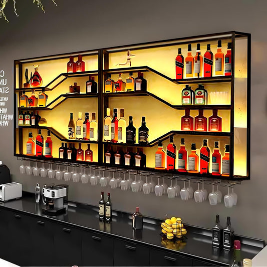 78.8in Wall Mounted Wine Rack with LED Light, 5-Tiers Liquor Bottles Display Shelf with Glasses Holder, Metal Home Bar Shelves with Industrial Iron Frame for Kitchen(Black, 78.8in/6.56ft)