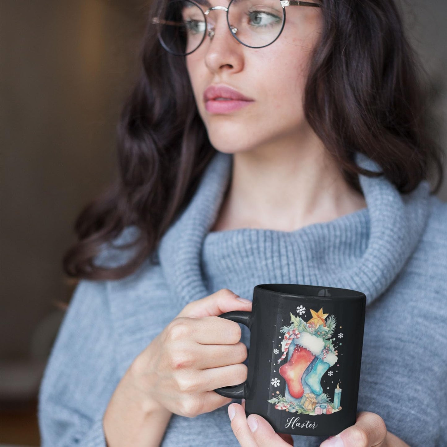 Custom Funny Christmas Cup, Christmas Sock With Gifts And Candle Design Mug, Customized Name Christmas Black Cup 11oz 15oz, Personalized Coffee Mug For Christmas, Christmas Sock Detailed Cup