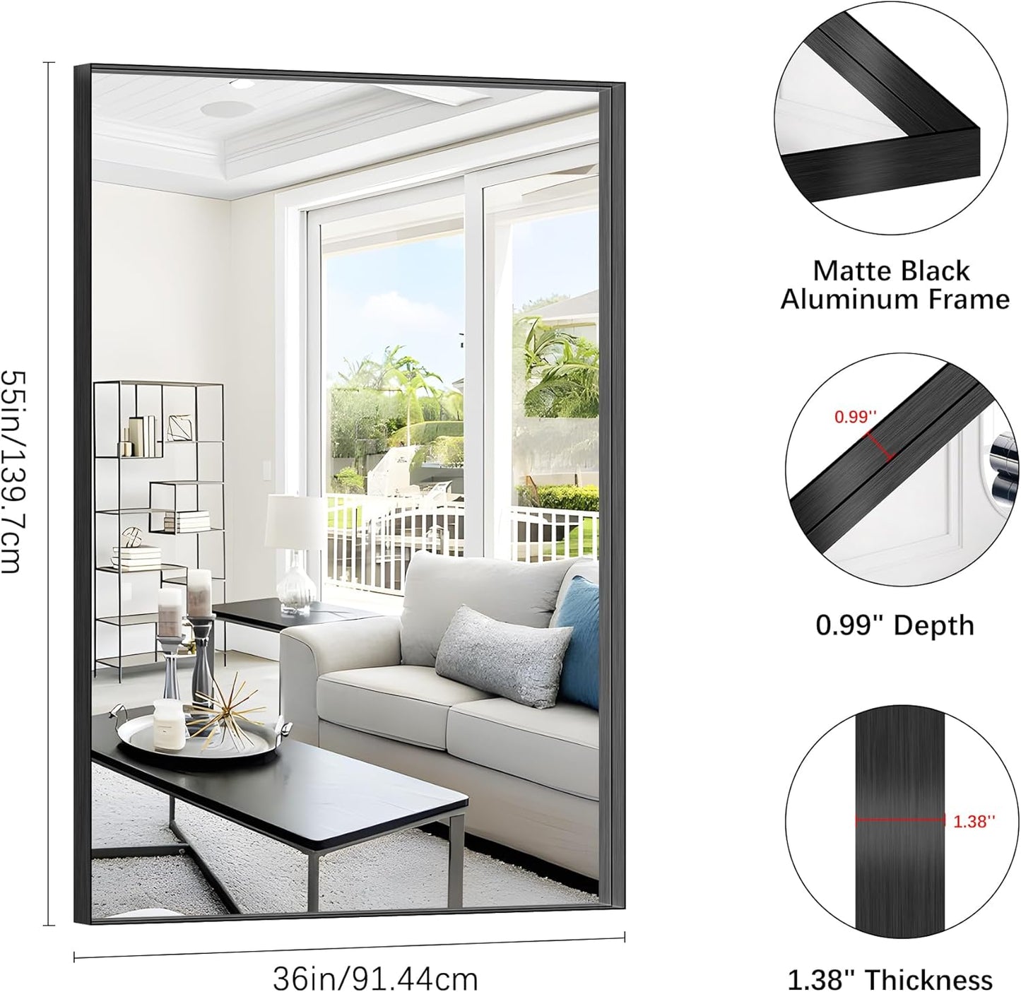 Black Bathroom Mirror, 36x55 Inch Rectangular Deep Frame Mirror, Large Wall Mounted Bathroom Vanity Mirror Over Sink for Bedroom,Restroom, Living Room, Hangs Vertically or Horizontally