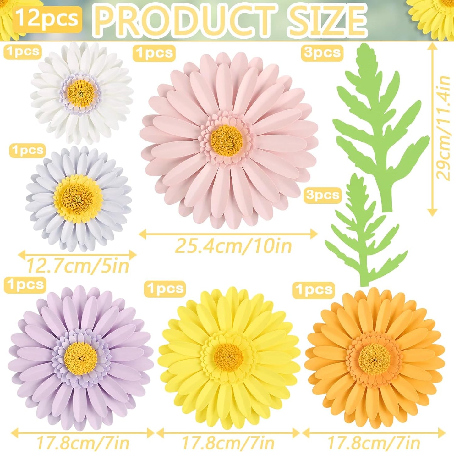 3D Paper Flowers Decorations for Wall, Large Daisy Paper Flowers for Bulletin Board, Wedding, Baby Shower, Tea Party, Classroom, Bedroom Decor