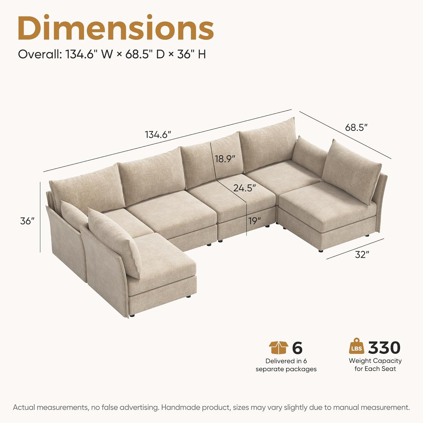 134.6" Oversized Modular Sectional Sofa, Large 6 Seater U Shaped Couch Deep Seat for Living Room, Apartment - Chenille Beige