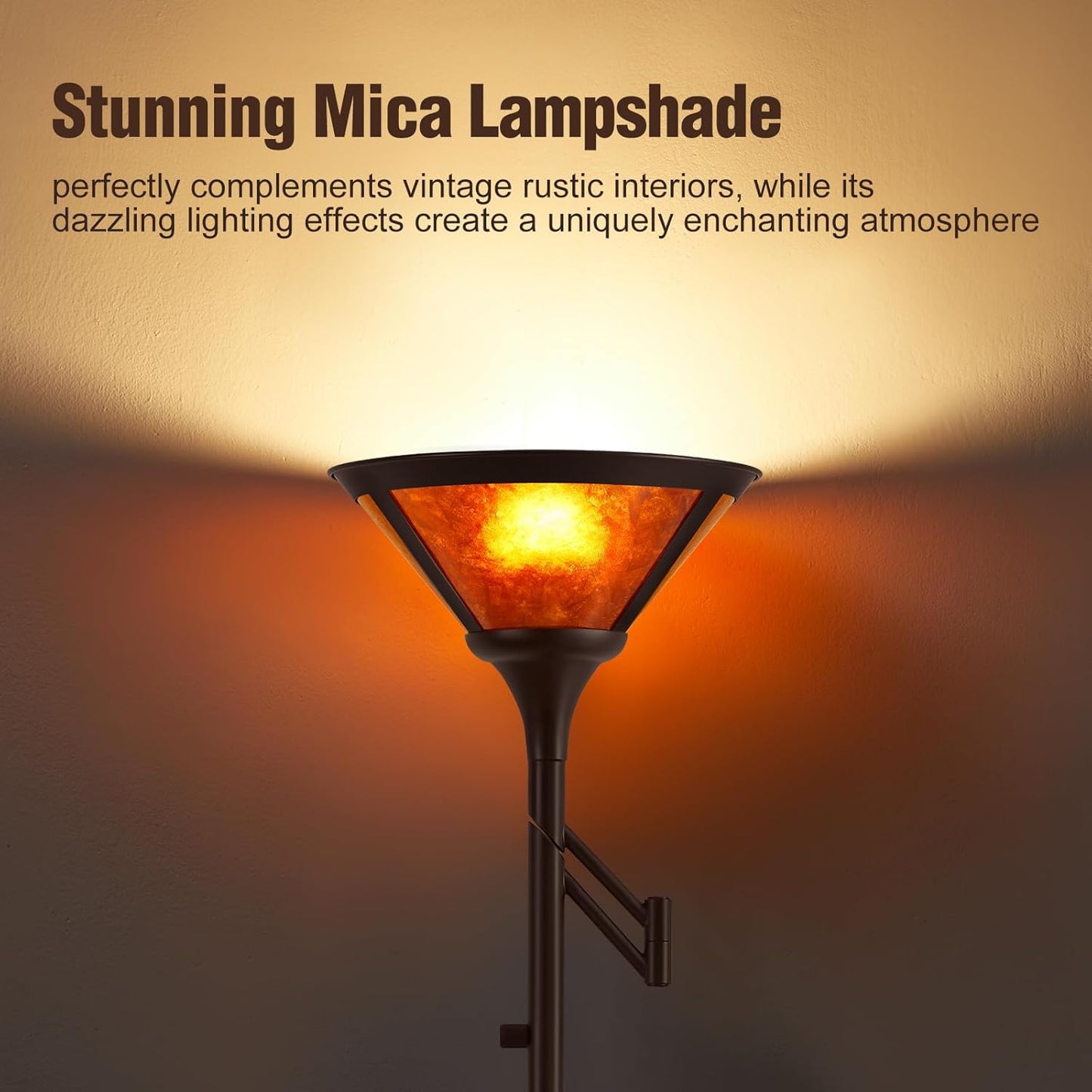 Floor Lamps for Living Room - 70" Brown Torchiere Standing Floor Lamp with Adjustable Swing Arm - Tall Corner Lamp Decor for Bedroom with Mica Shade LED Reading Light for Home Office