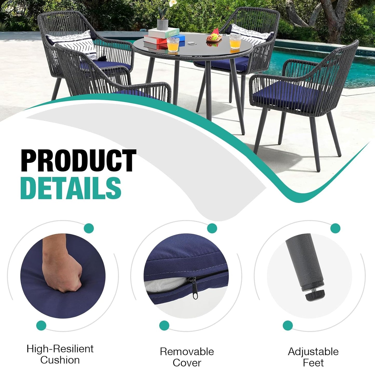 Patiorama Outdoor Dining Chairs, Patio Dining Chair Set of 4, All-Weather Woven Rope Rattan Chairs, Outdoor Dining Wicker Chair with Armrests for Indoor Balcony Pool Backyard(Blue)