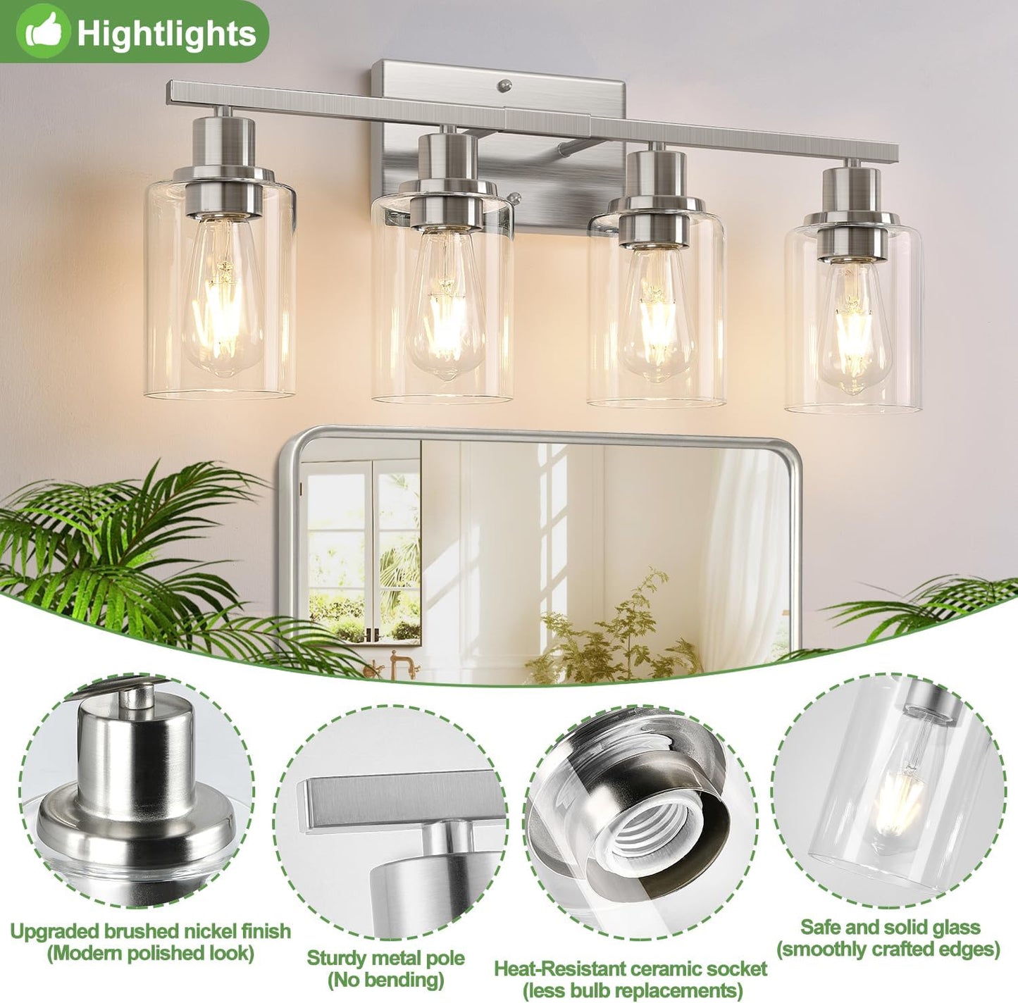4-Light Bathroom Light Fixtures, Brushed Nickel Vanity Lights with Clear Glass Shades, Modern Bathroom Wall Lamp for Mirror Living Room Cabinet Bedroom Porch