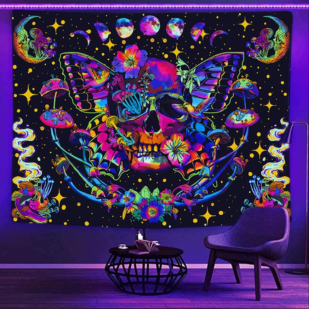 Xiaoput Blacklight Skull Tapestry for Bedroom & Living Room, UV Reactive Mushroom Butterfly & Moth Moon Flowers Tapestry, Hippie Skeleton Wall Hanging 70x60IN