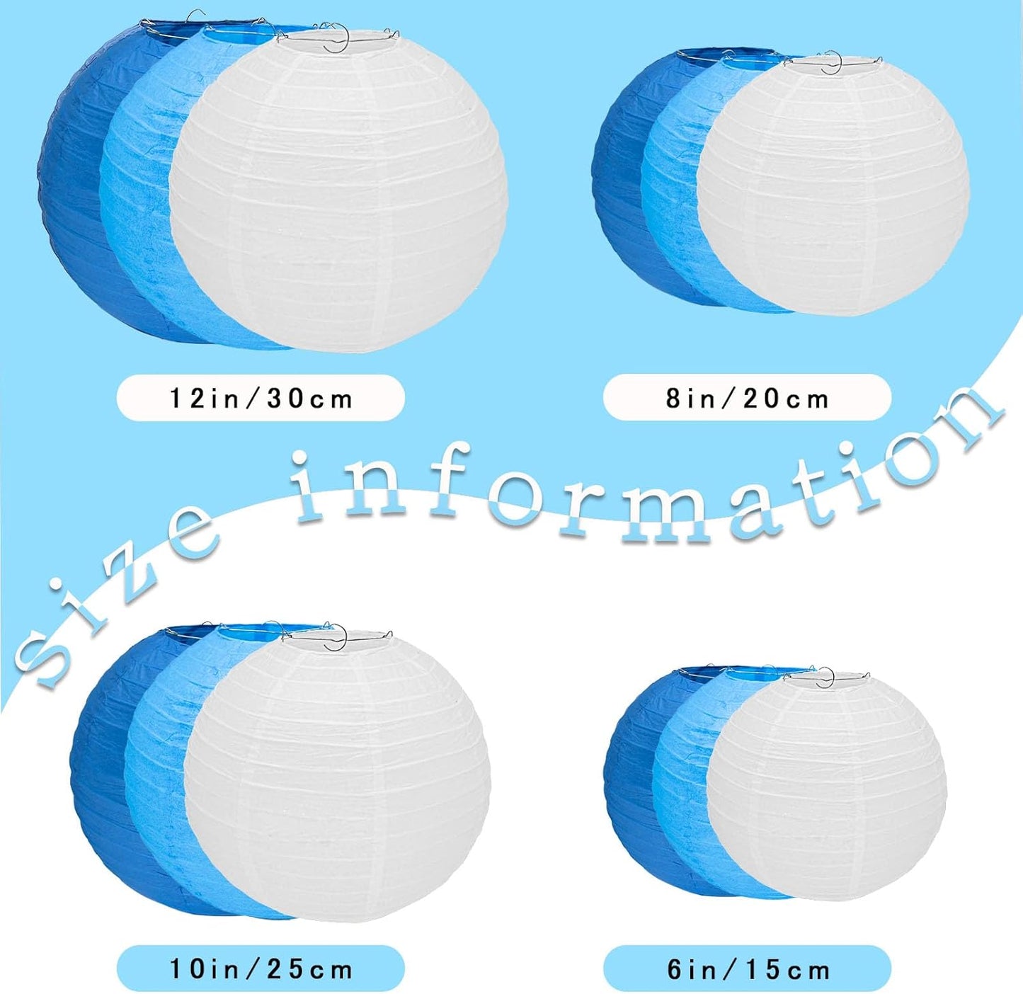 12Pcs Round Paper Lanterns Assorted Sizes (6" 8" 10" 12") for Home Decor, Restaurant, Church, Wedding, Birthday Party Decorations, Hanging Chinese Japanese Paper Lantern Lamps (Blue Series)