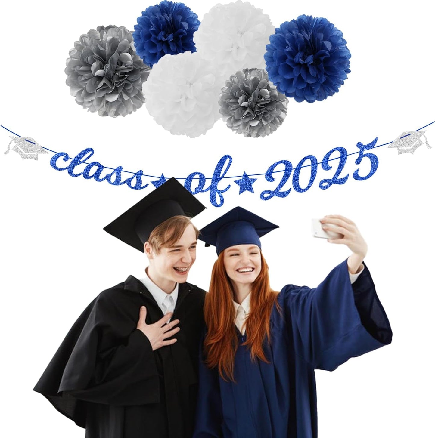 Navy-Blue White-Silver Party-Decoration Graduation Banner - 14pcs Kits Cap Garland Streamers, Royal Paper Tissue Pom Poms Flowers Fans Honeycomb,Class Of 2025 College High School Grad Decor Hugfond