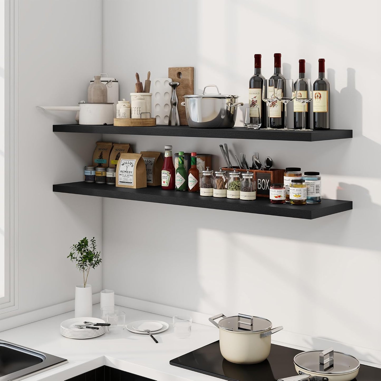 55" Floating Shelves for Wall, 12" Deep Slim Black Floating Shelves, Wall-Mounted Shelves for Bedroom, Living Room, Kitchen, Bathroom - Set of 2