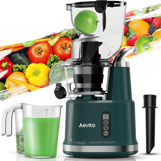 Cold Press Juicer,Aeitto Slow Masticating Juicer with Wide & Dual Feed Chute for Vegetables and Fruits, High Juice Yield, Self Feeding for Juice Extractor, BPA-Free, Dark Green