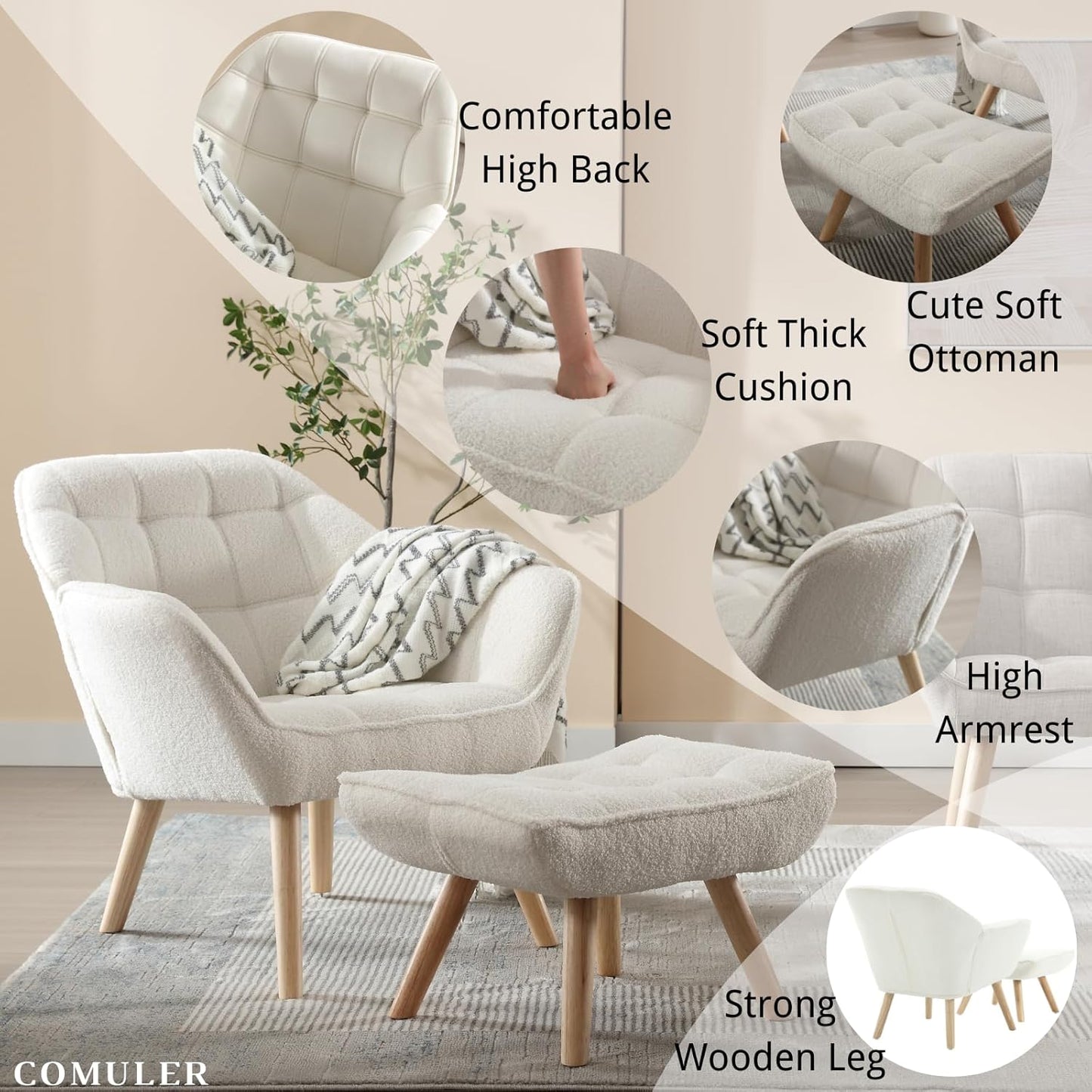 White Sherpa Accent Chair with Ottoman ，Modern Reading Chair with Ottoman Set, Comfy Fuzzy Armchair Living Room Chair Lounge Chair with Wood Legs for Small Spaces Bedroom Apartment