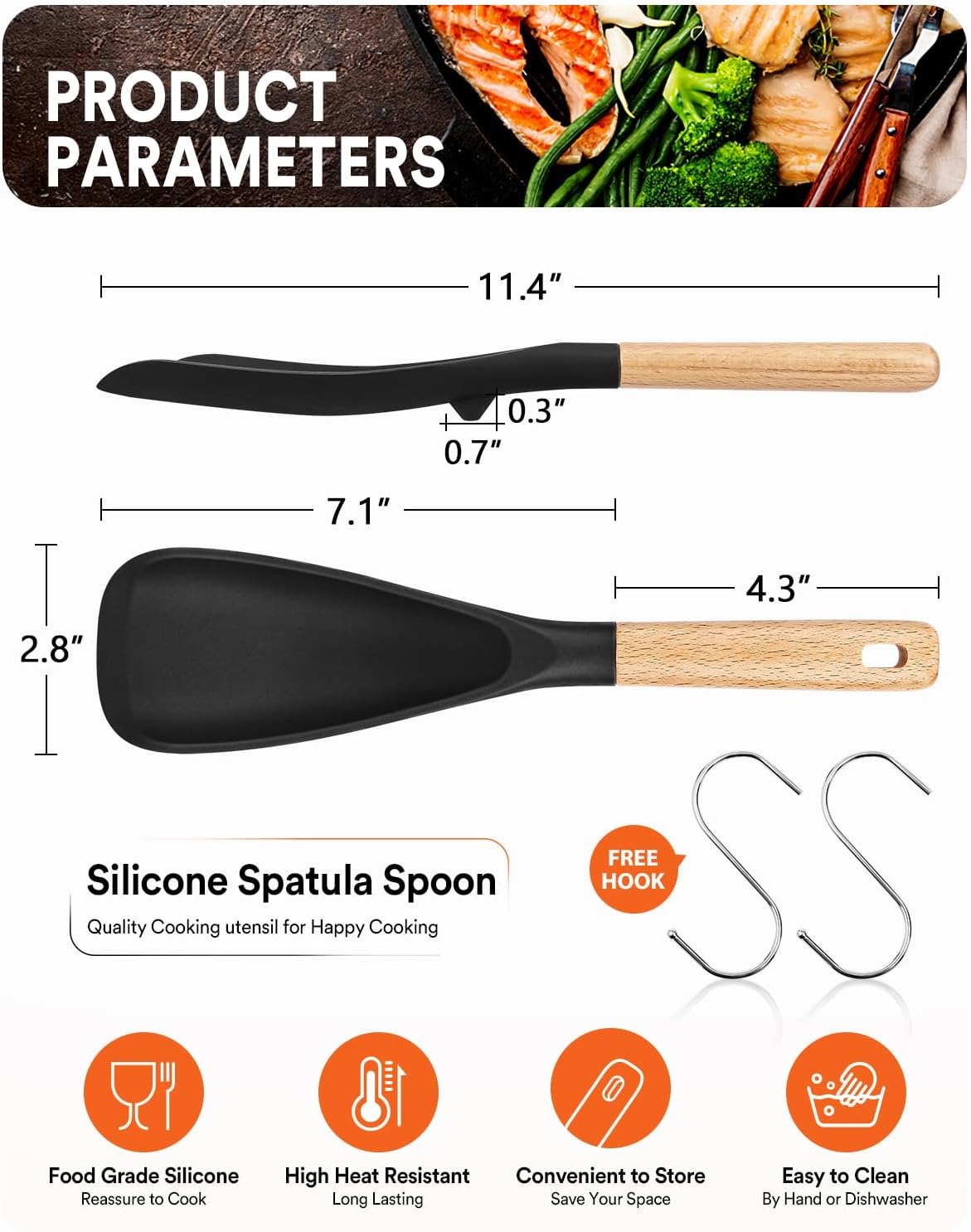 Cooking Spoon for Nonstick Cookwares, Great for Cooking and Serving Sturdy BPA-Free Matte Silicone, Wood Handle Spoon for Mixing, Scoop, and Scrape (2 Pack of Black, 11.4 inch)