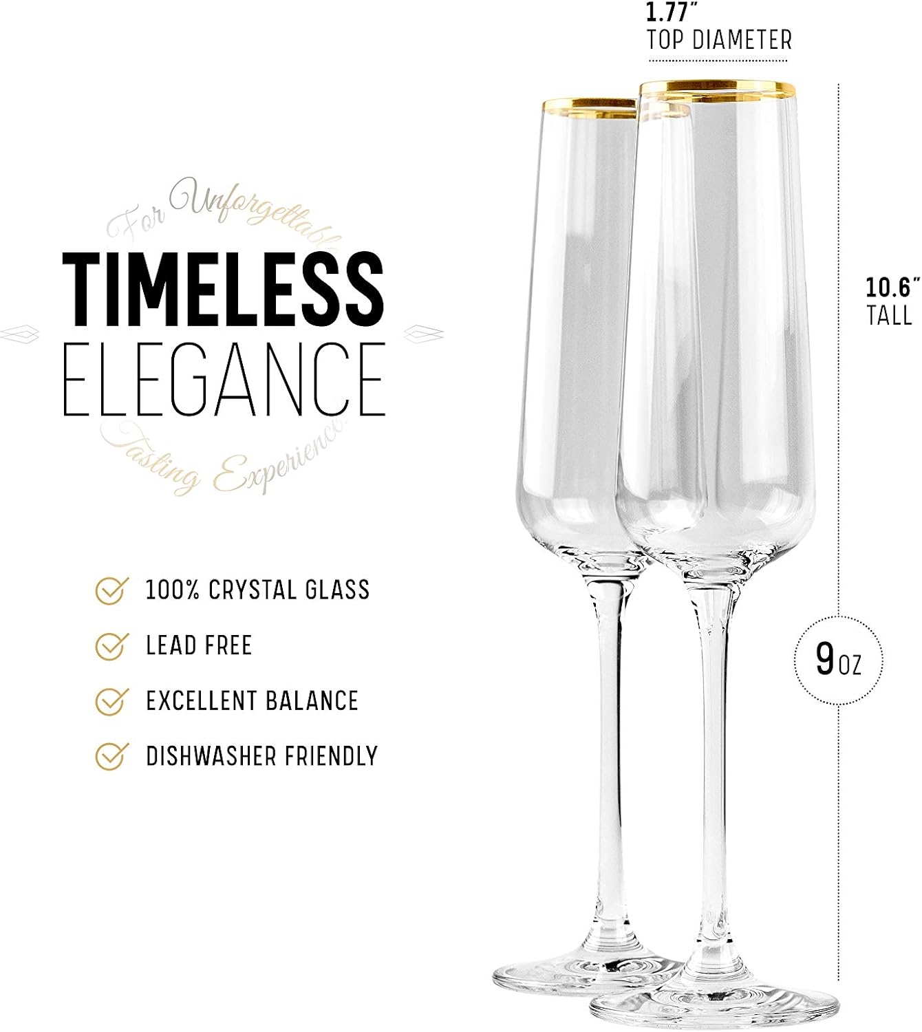 Gold Rim Champagne Gift Glasses | Set of 2 | Crystal Square Toasting Flutes for Bride and Groom, Wedding, Anniversary, Birthday | Elegant Long Stemmed Glassware for Sparkling Wine, Prosecco