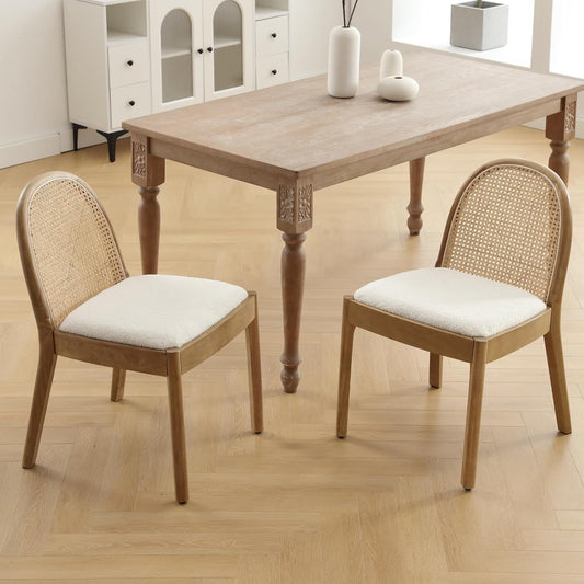 Mid Century Dining Chairs Set of 2, Accent Rattan Side Chairs Sherpa Fabric Kitchen Chair with Solid Wooden Legs for Living Room Dining Room, White