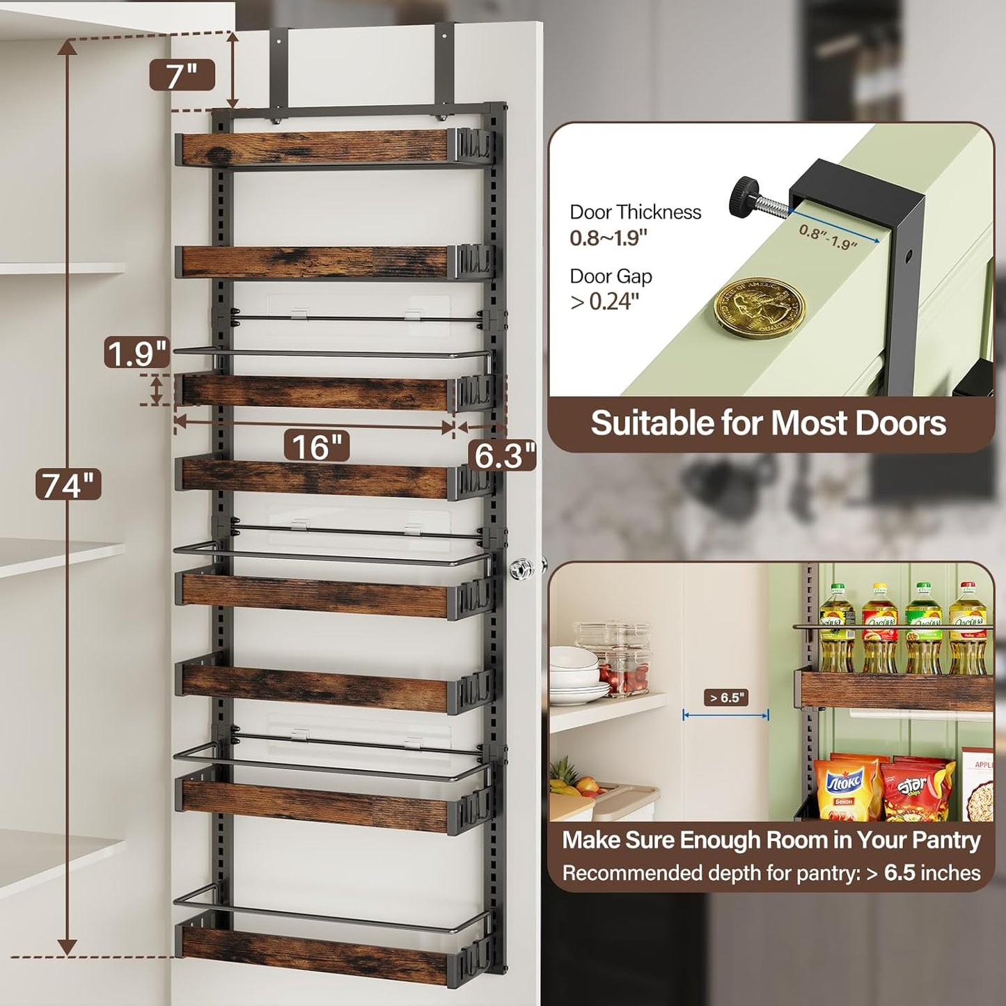 8 Tier Over The Door Pantry Organizer, 2 IN 1 Wall Mount or Metal Hanging Spice Rack for Pantry Organizers and Storage, Seasoning Shelves，Adjustable Basket with Hooks for Kitchen, Bathroom,Laundry