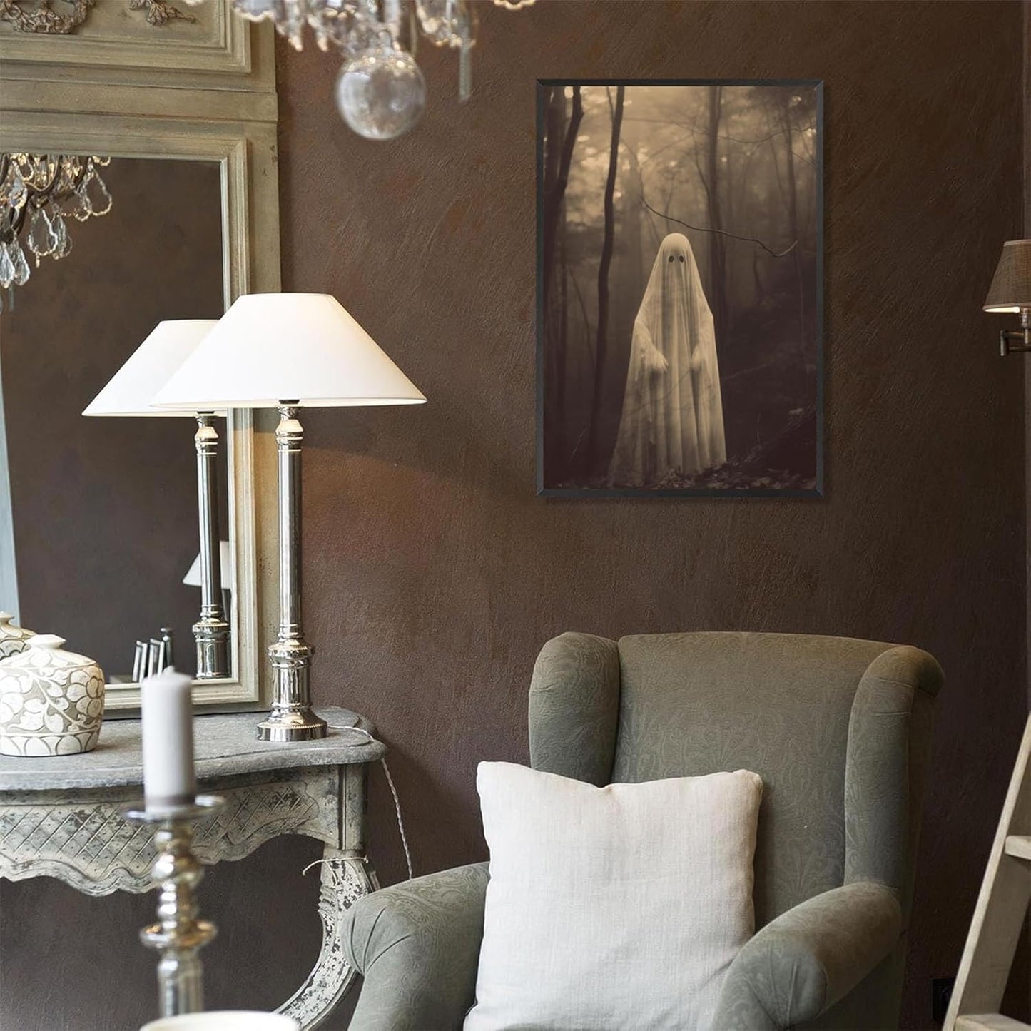 Ghost Forest Spooky Print Poster The Gothic Room Decor Creepy Picture Posters Dark Academia Aesthetic Family Prints Canvas Wall Art Home Apartment Decorations 24X36inch Aluminum Framed