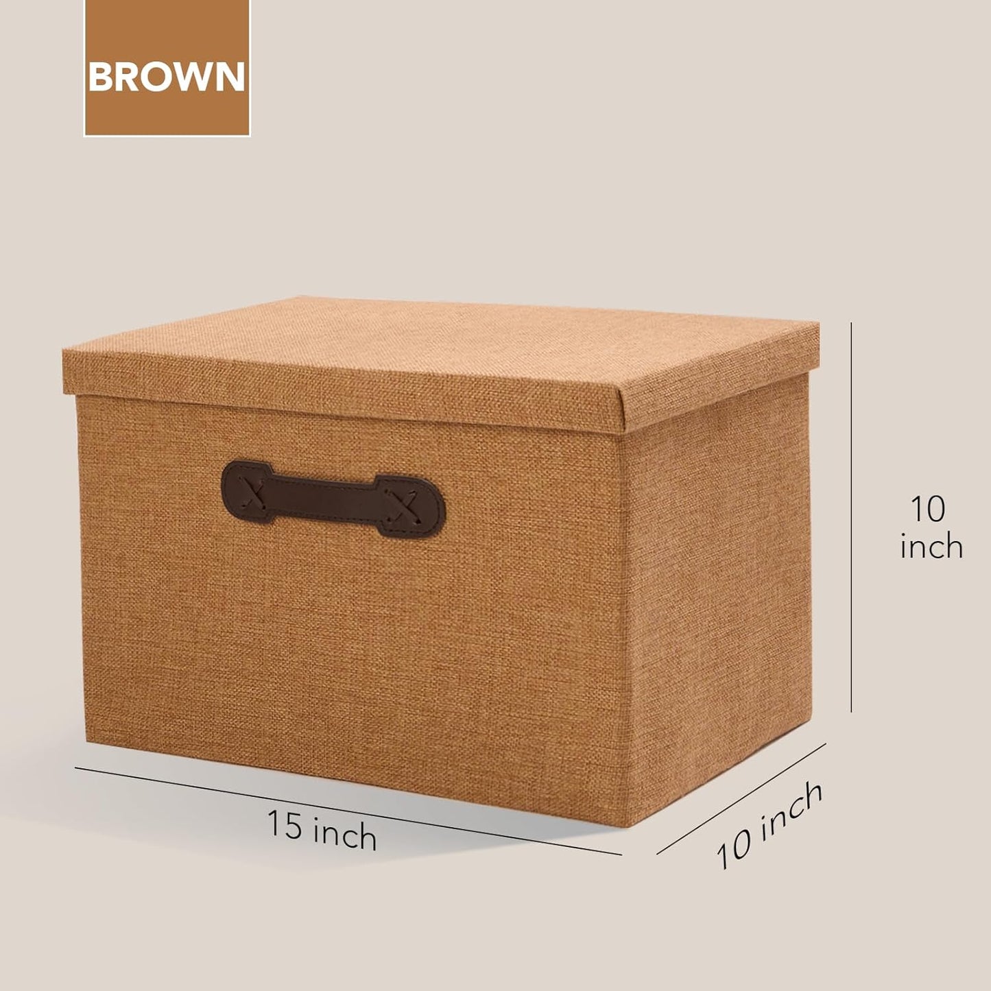 Enzk&Unity Decorative Storage Bins with Lids, Fabric Linen Foldable Storage Box with Handle Home Organizer for Shelf, Closet, Bedroom, Living Room, Office, 3 Packs, Brown