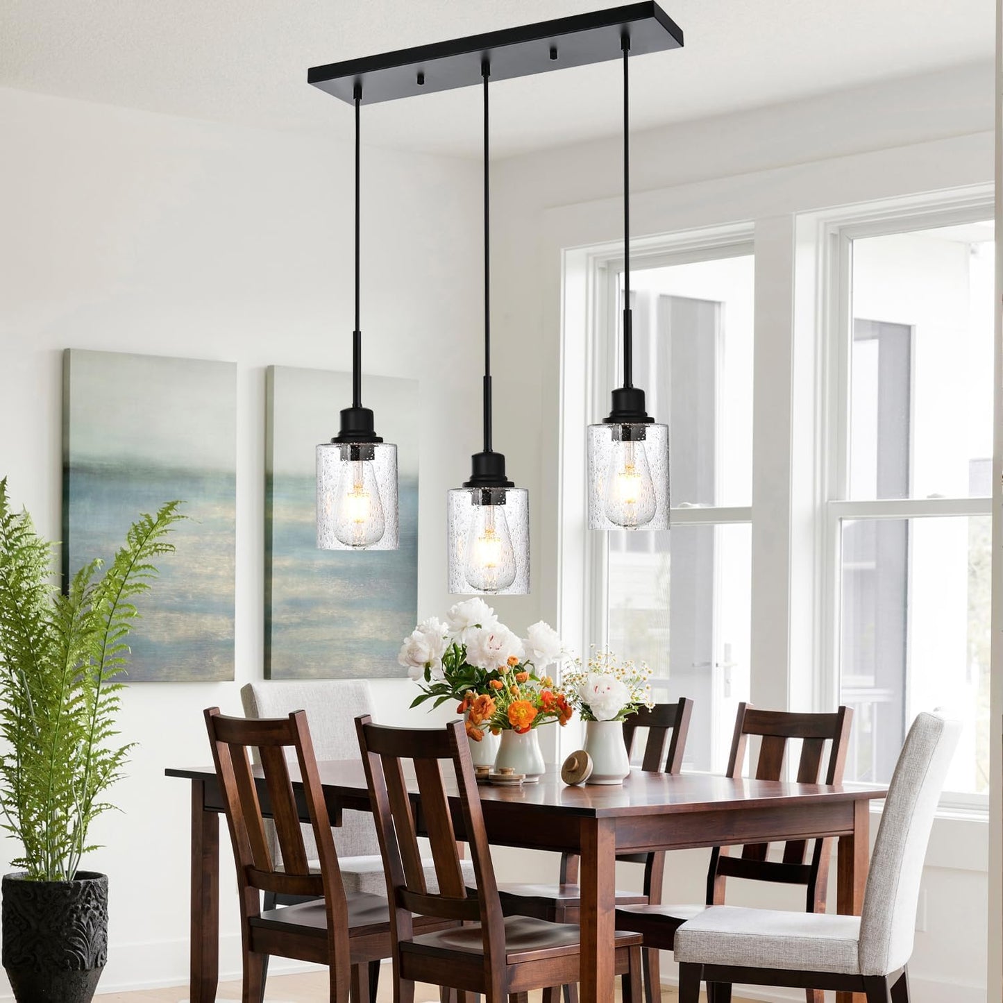 Modern 3-Light Pendant Island Light Fixture Black Ceiling Hanging Lights with Clear Seeded Glass and Adjustable Cord,Industrial Pendant Lighting for Kitchen Living Room Dining Room Foyer
