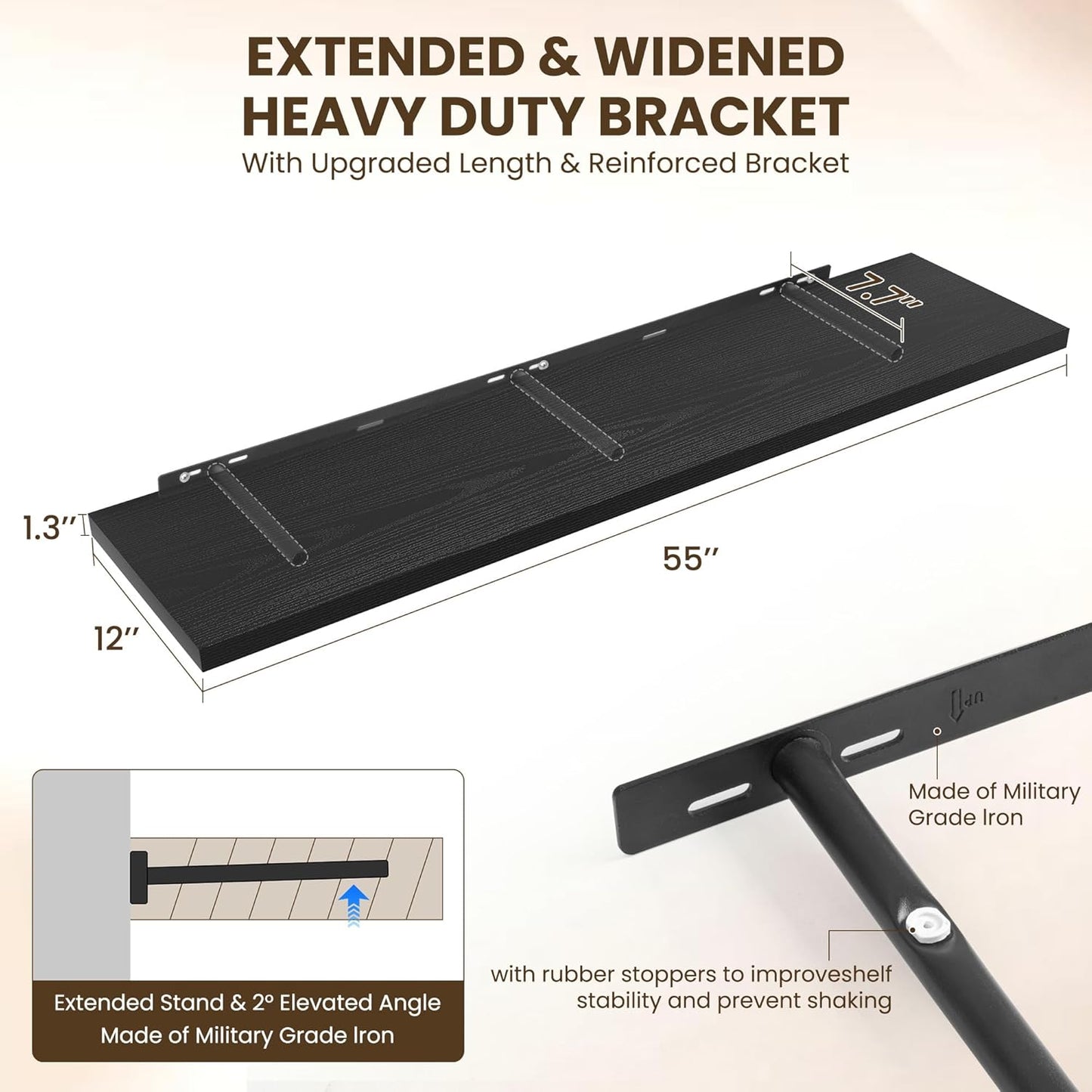 55" Floating Shelves for Wall, 12" Deep Slim Black Floating Shelves, Wall-Mounted Shelves for Bedroom, Living Room, Kitchen, Bathroom - Set of 2