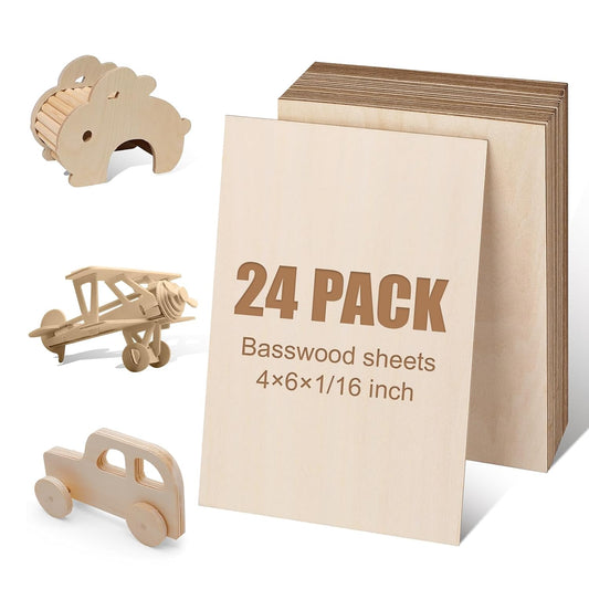24Pack Basswood Sheets 4x6x1/16 Inch, Basswood for Laser Cutting & Engraving, Thin Plywood Wood Sheets Unfinished Wood for Crafts, DIY Architectural Models, Wood Burning and Painting.