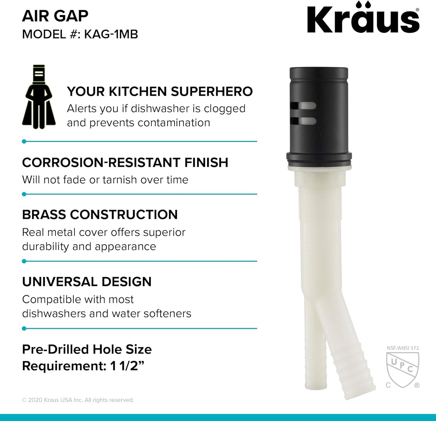 KRAUS Dishwasher Air Gap in Matte Black, KAG-1MB