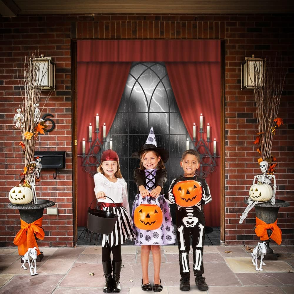 Renaiss 10x12ft Vintage Gothic Window Backdrop Red Curtain Candlestick Black Floor Lightning Stormy Sky Vampire Medieval Castle Photography Background Halloween Dress Up Party Decors Photo Booth Props