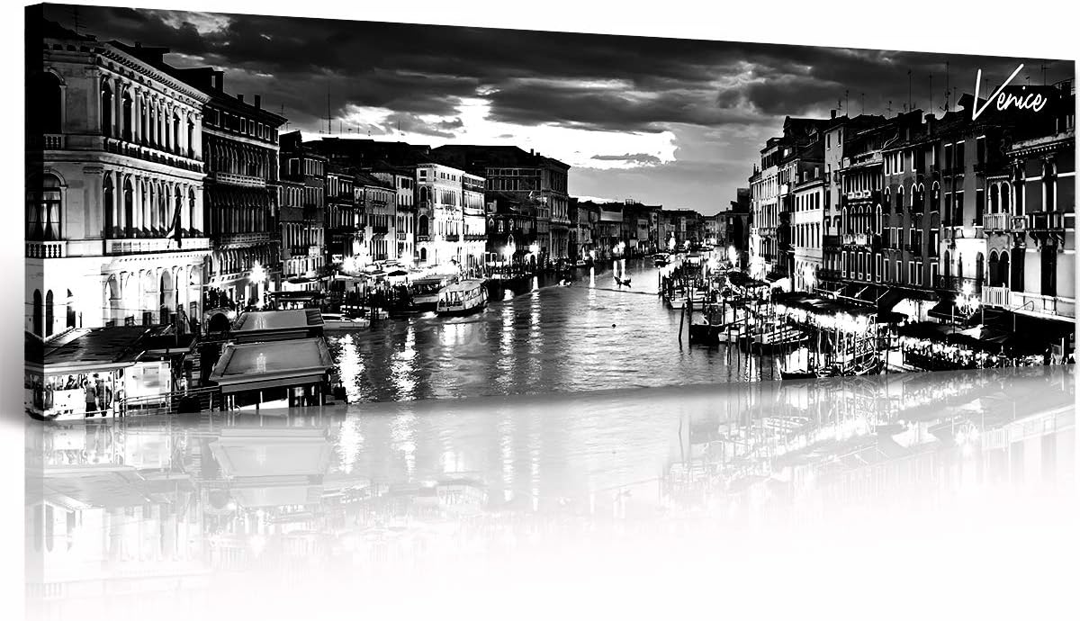 DJSYLIFE Venice Skyline Wall Art Black and White Italy Cityscape Canvas Print Painting Buildings Grand Canal Landscape Pictures Modern Artwork for Man Room Office Living Room Decoration 13.8"x47.3"
